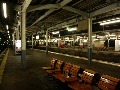 ホームを縦に見て。ホームの端の方は暗闇に溶け込んでいる。人は誰もいない。