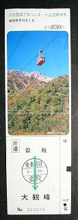 上半分は立山ロープウェイの写真になっている縦長のきっぷ。乗車月日のはんこが押されている。雷殿から大観峰行き。