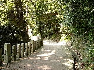 くすんだ紅色のレンガの敷き詰められた道。右手は山肌で木々がこちらに向かって緑を差し出している。この箇所は左にも木が生えていて展望はない。しかし明るい。
