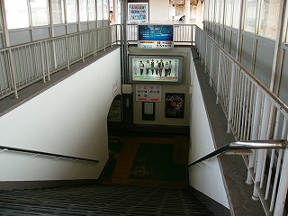 少し薄暗く見える地階に下りていくようなまっすぐの階段。下りた先の地面は緑色に塗られている。