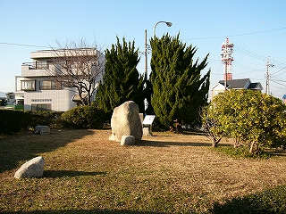 狭い芝生の敷地。奥には燃え上がるようにカイヅカイブキが二本植えられている。その手前には庭石がぽつんぽつん設置されている。