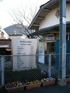 ステンレスの案内板とプランター、フェンス越しに見える駅舎の小さな入口。