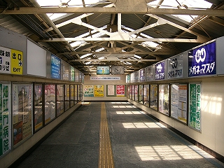 天井から光が差し込んでいて明るい跨線橋内。幅も広い。