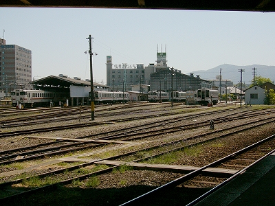 おびただしい数の鉄路、遠くにたくさん列車が留置されている。