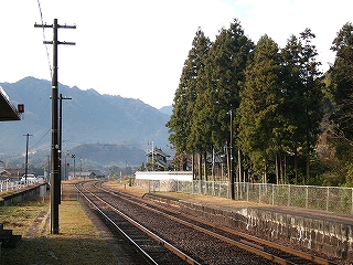 右手少し遠くに杉林、そしてかさ上げされていない上り線ホーム、線路内。ずっと遠くに山容ががくがくした高く大きな山。