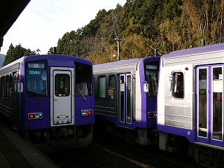 紫色のワンマンカーが上下線に停車しているようす。