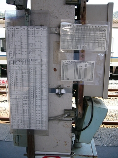 縦長のラミネートされた紙の時刻表。