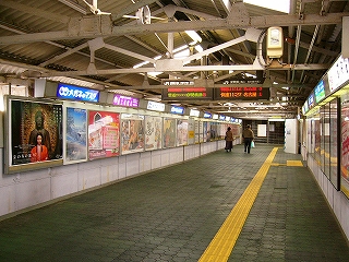 床が濃い緑色、壁が白色の跨線橋内部。幅は割りと広め。