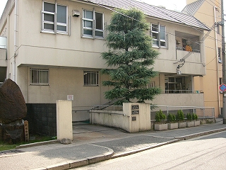 一つ前の写真の建物の入口。入口右手に背の高い糸杉のような木、外壁に沿って黄緑のゴールドクレストがコンクリートのプランターに植えられて並べられていた。