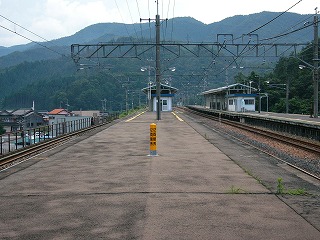 待合室を通り過ぎて振り返って。左手に待合室、右手に1,2番ホーム全体。右端はすぐ山。