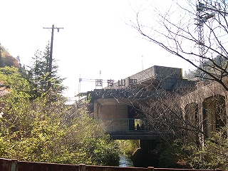 川と駅名表示。
