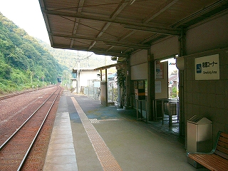 屋根の下から斜めに薄暗い改札口を見て。