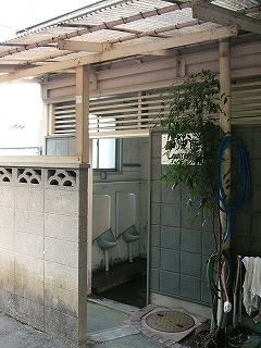 透明なトタンの庇の下のトイレ入口。男子用便器が見えている。入口右手にホース、柄付きブラシ、緑の葉をつけたやせぽっちの細い木。