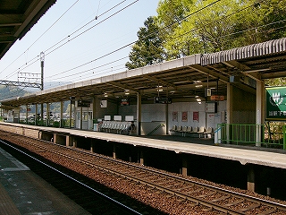 線路内とホーム。後ろに緑。