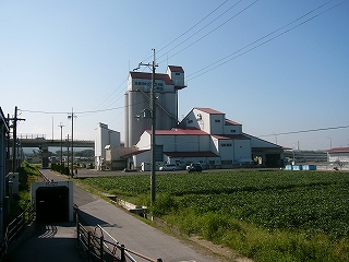 暗い赤色の屋根とコンクリート色で配色されたサイロ。