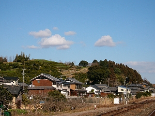 青空の下の丘。樹木のある部分もある。