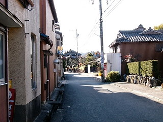 切妻の古い家、緑の垣根、古いベトンの建物。