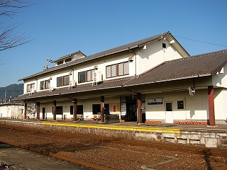 真っ青な空の下に立つ駅舎を裏側から見て。