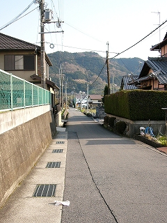 両脇に田舎屋、ずっと遠くに山。