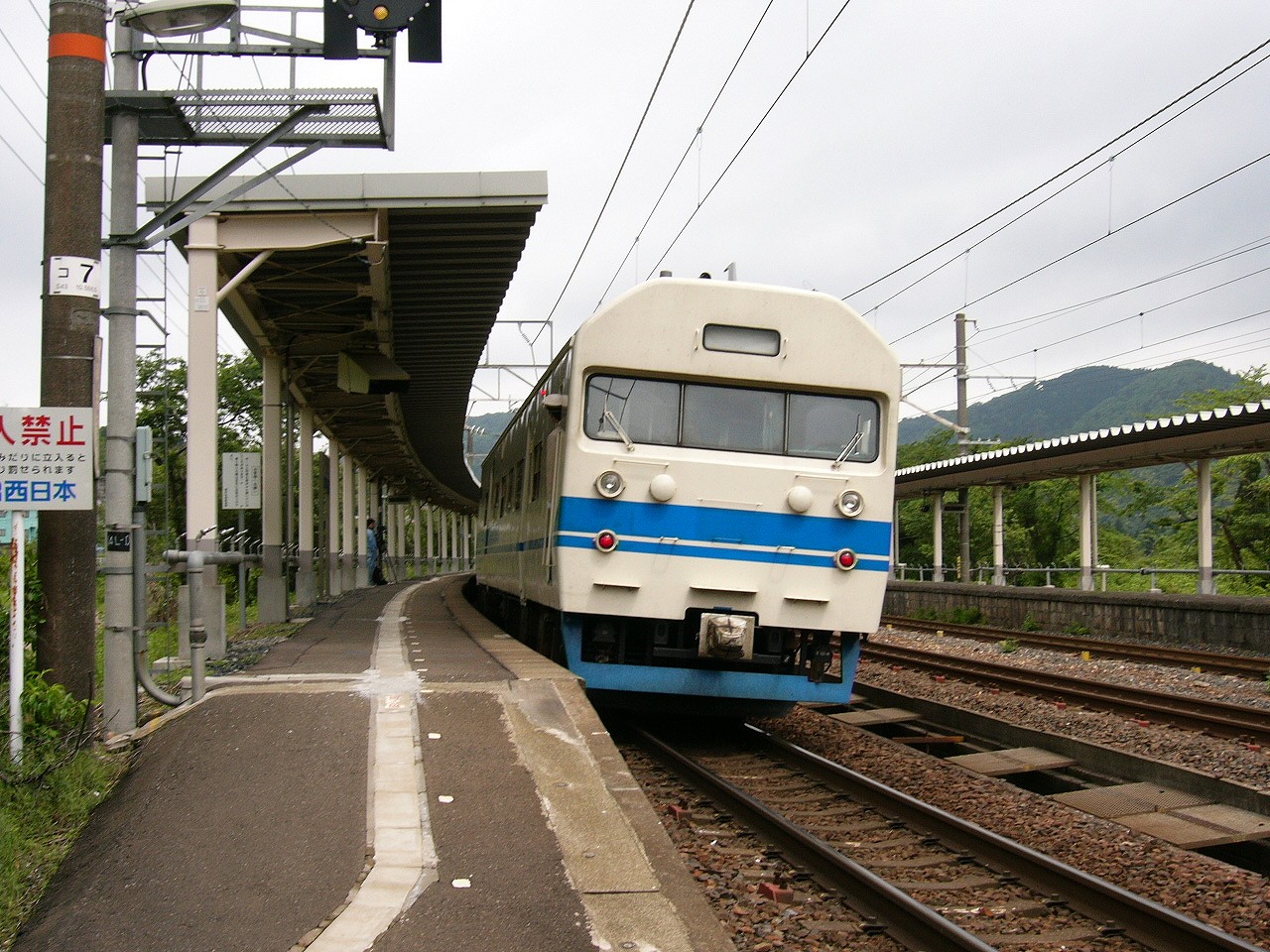 遠くへ曲がったホームと白地に水色の線の入った列車