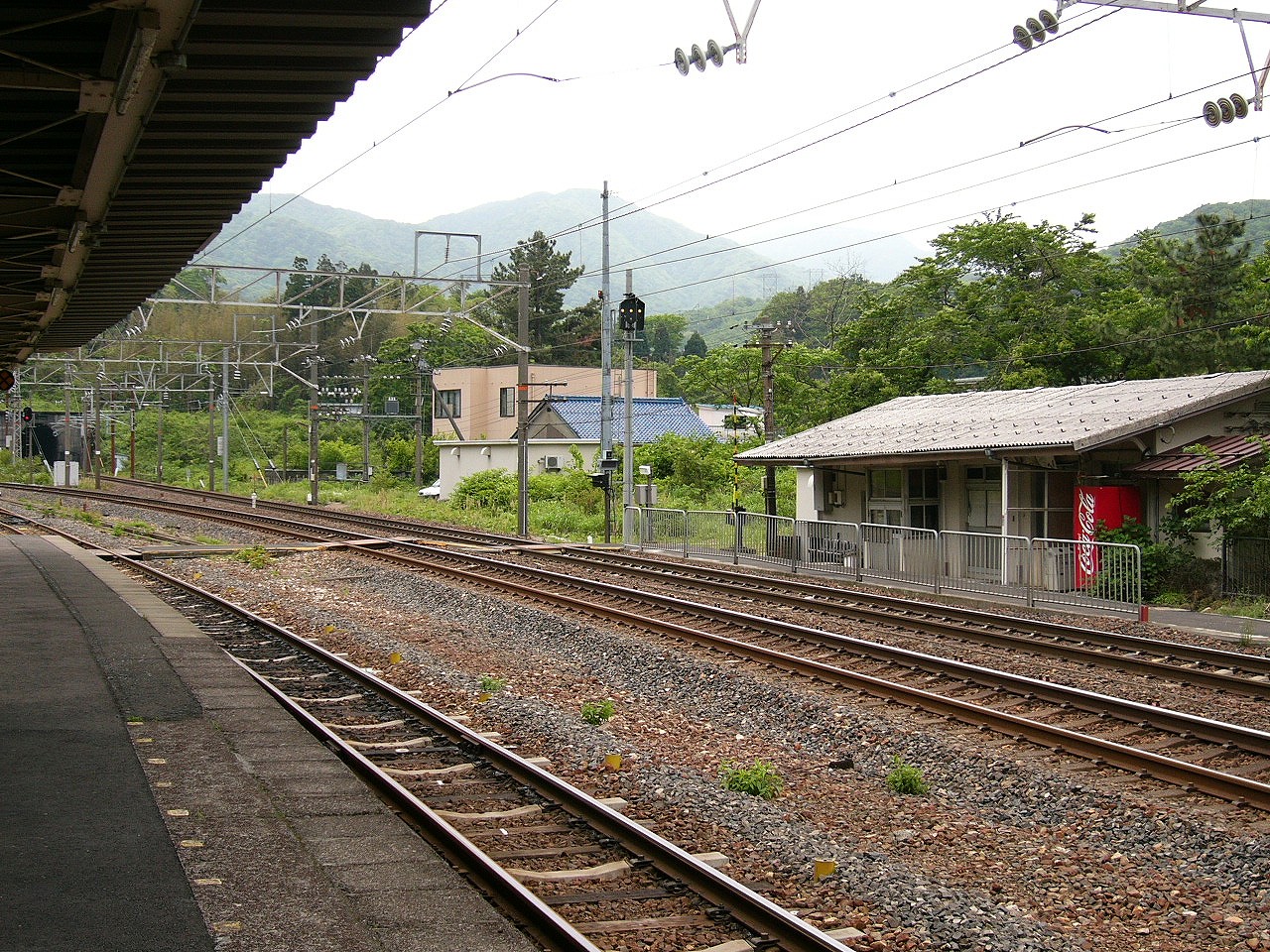 全体的に緑の低木林に囲まれた駅舎周辺。2,3戸の新しい建物もある。