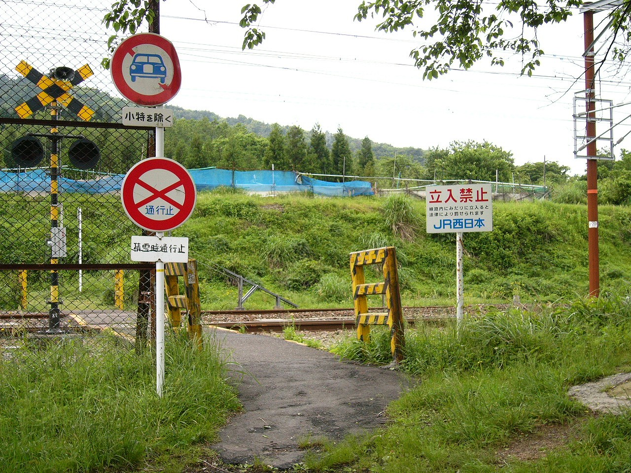 草むらの中に続く踏切。左には警報機と2つの交通標識。